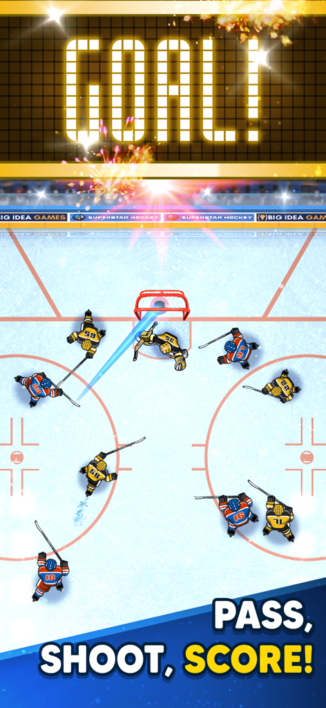 Gameplay screenshot of Superstar Hockey showing a goal being scored on the ice rink with top-down perspective