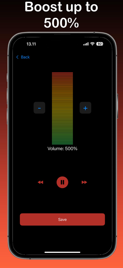 Schermata dell'iPhone dell'app Audio Booster che mostra un livello di volume del cinquecento percento