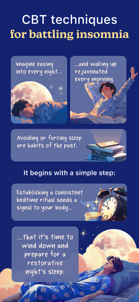 Lune: Bedtime Sleep Routine - 不眠症のためのCBTテクニックとLuneアプリ内での一貫した就寝前ルーティンの利点を示すインフォグラフィック。