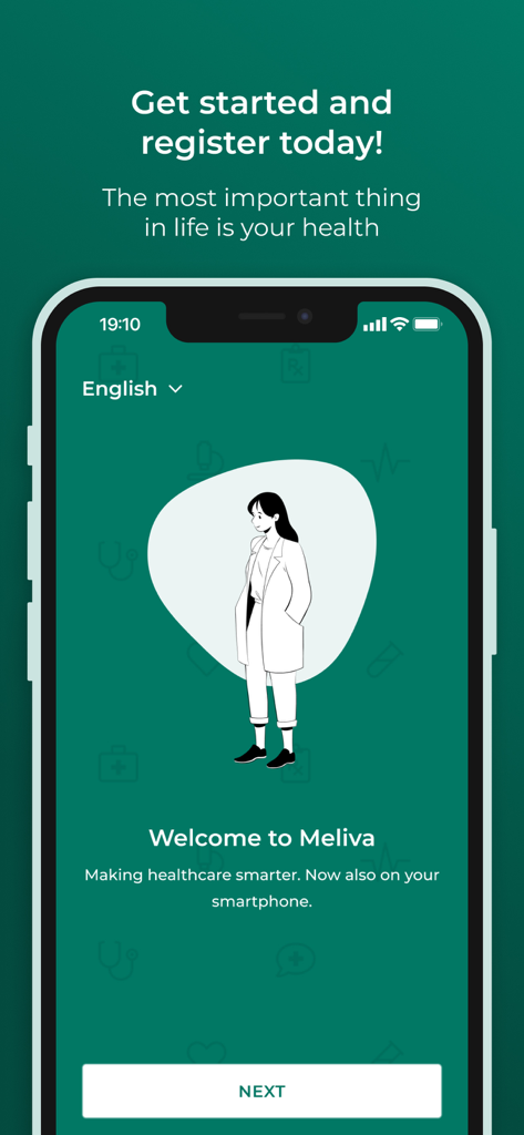 Welcome screen of the Meliva Digital Clinic app featuring a registration prompt and a female doctor illustration.