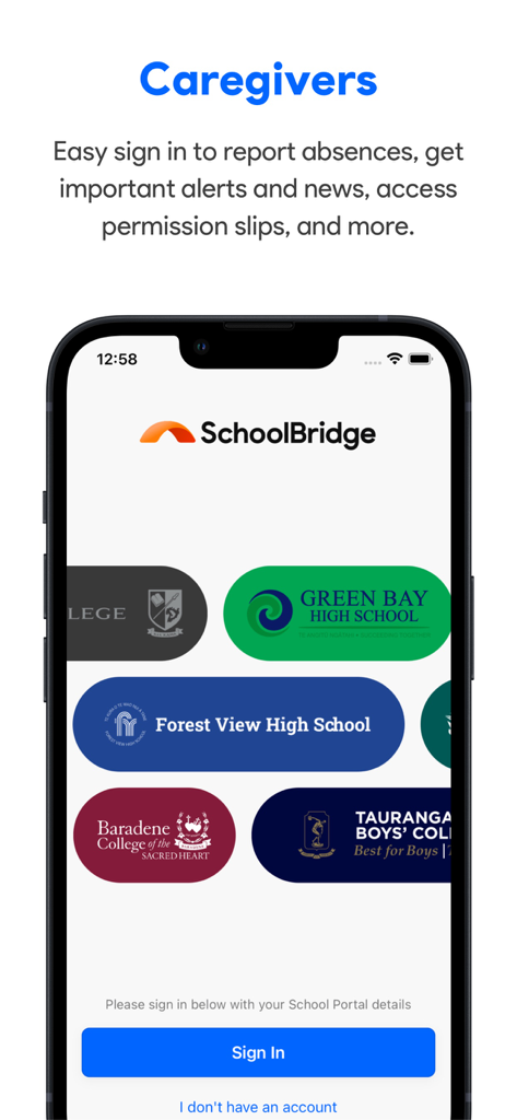 SchoolBridge App Anmeldebildschirm für Erziehungsberechtigte mit verschiedenen Schulportal-Auswahlen