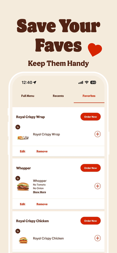 BURGER KING® App - Burger King App-Screenshot, der das Favoritenmenü mit gespeicherten Artikeln wie dem Whopper und dem Royal Crispy Wrap für schnelle Bestellungen zeigt