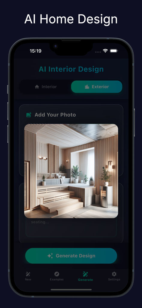 rerender : AI Interior Design - Interfaz de la aplicación Rerender AI Home Design que muestra la pantalla de generación de diseño exterior con una foto de una habitación de madera moderna.