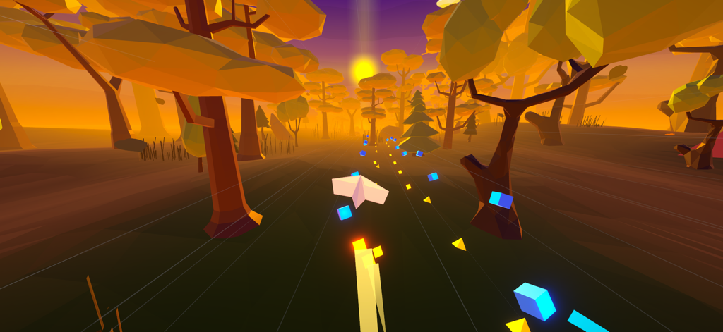 Un avión de papel blanco volando a través de un bosque de baja poligonización con árboles de otoño durante el atardecer.