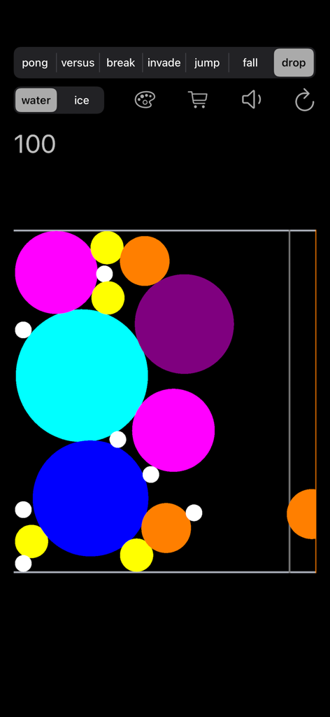 다채로운 원형과 게임 내비게이션 메뉴가 특징인 드롭 워터 모드의 게임 플레이 스크린샷