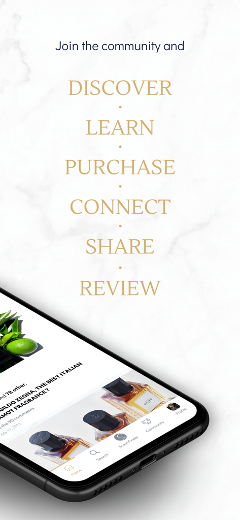 Sniff. - Sniff app promotional screen showcasing fragrance community features on an iPhone