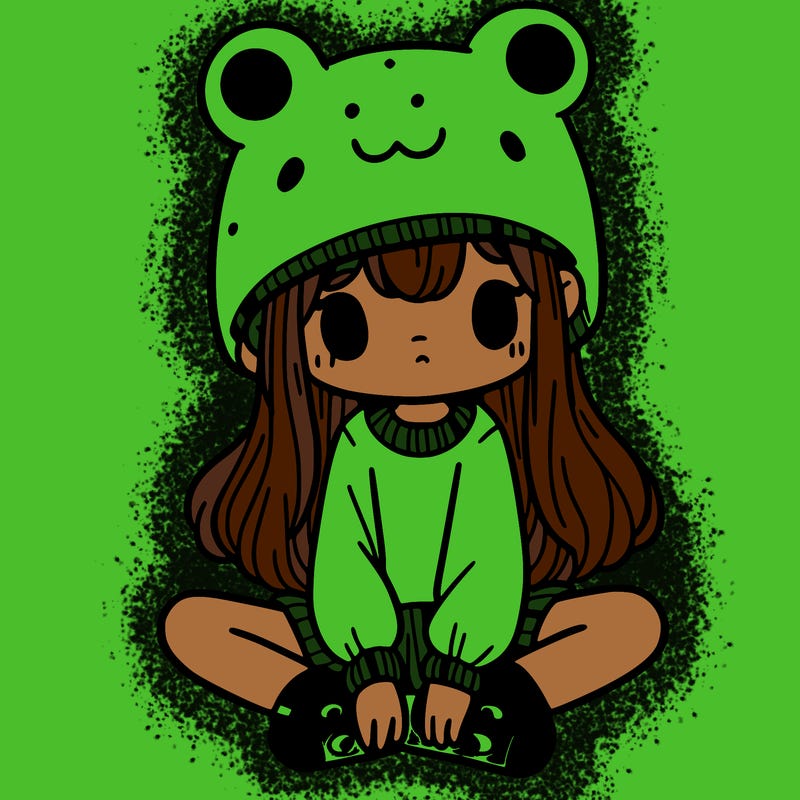 a girl wearing a frog hat and some frog socks