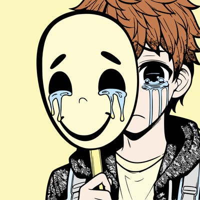 a manga carter boy wearing a smiley face mask and underneath the mask he is crying