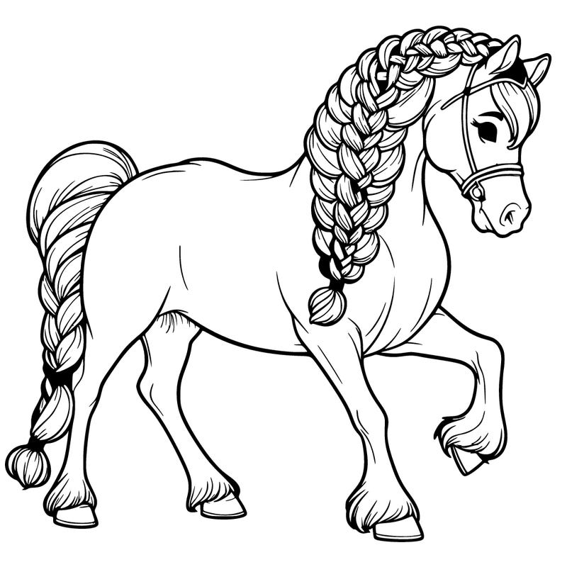 a horse with a braided mane and tail, showcasing intricate braided hairstyles typical of dressage competitions.
