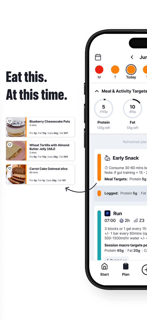 Fuelin app screen displaying personalized meal suggestions and nutritional targets for a scheduled workout