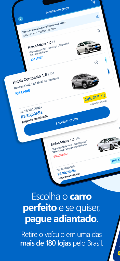 Unidas Aluguel de Carros - 차량 카테고리 및 렌탈 요금을 보여주는 Unidas 렌터카 앱 화면