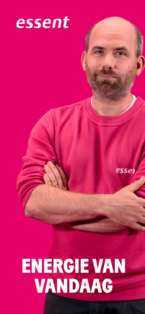 Essent - Man in a pink sweatshirt against a pink background with Essent logo and Dutch text saying Energie van Vandaag