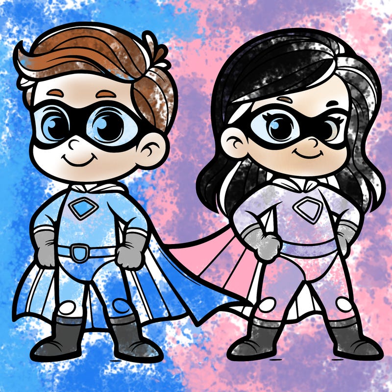 2 superheroes one is a boy of 5 and one is a girl 3 years