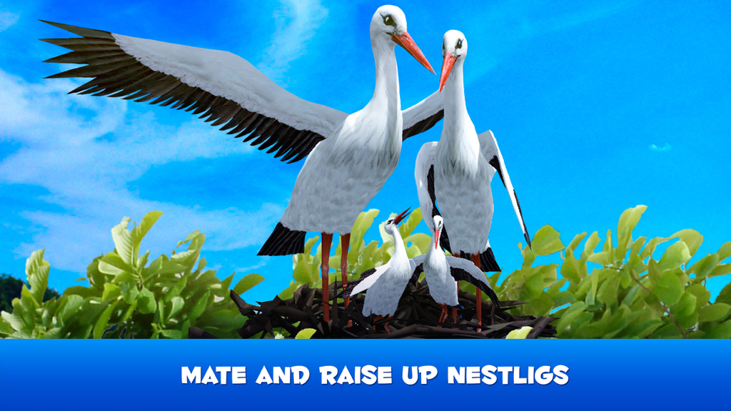 Stork Simulator 3D: Flying Bird Life - Two adult storks in a nest with two small nestlings under a bright blue sky