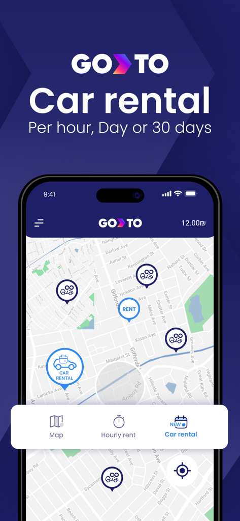 Interfaz de la aplicación de carsharing GoTo mostrando vehículos de alquiler disponibles en el mapa