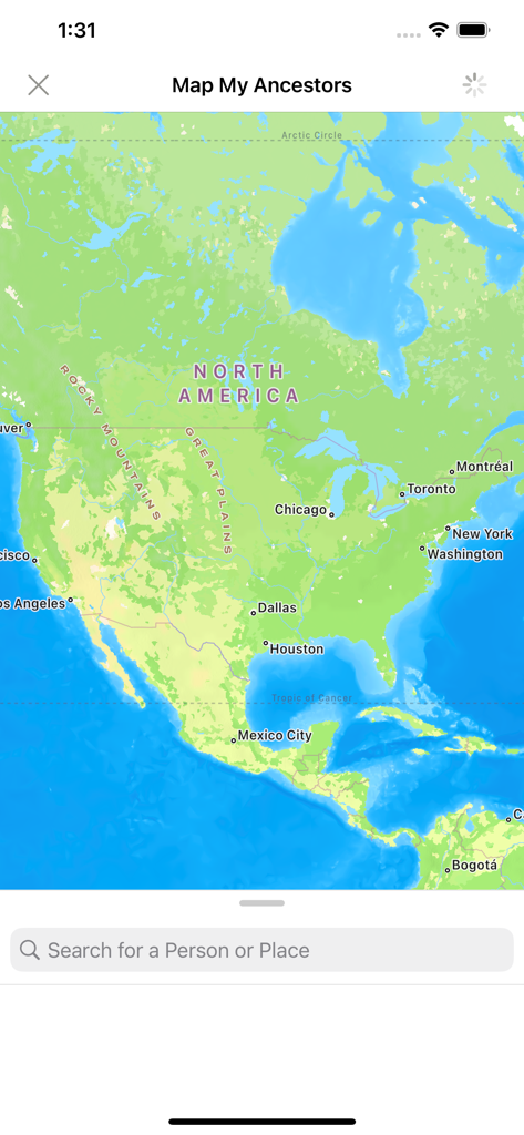 Eine Karte von Nordamerika in der FamilySearch Stammbaum App, die die Funktion "Map My Ancestors" zeigt
