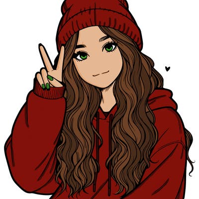 a teenage girl in a beanie, oversized sweatshirt, wavy long hair, and is showing a ✌️