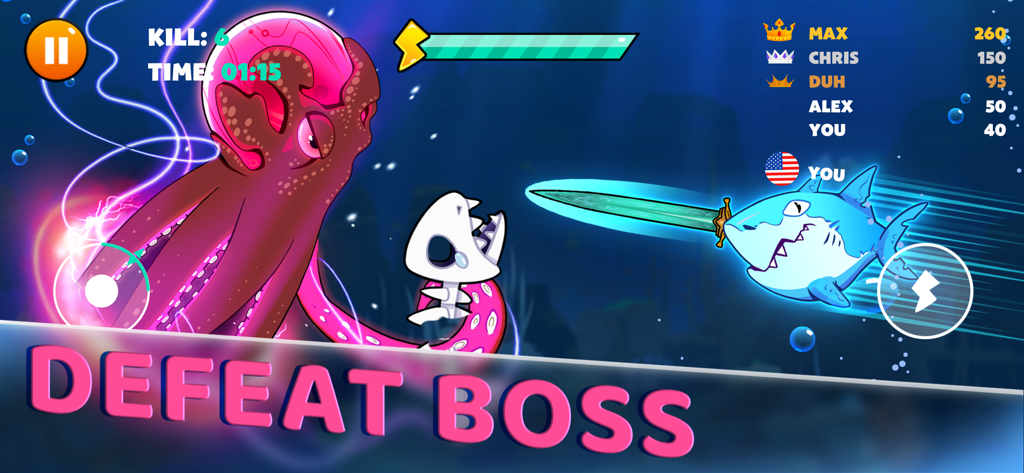 Fish IO: Be the King - A shark with a sword attacking a giant pink octopus boss in Fish IO