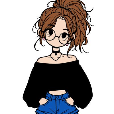 girl with a messy ponytail glasses a baggy crop top and jean shorts