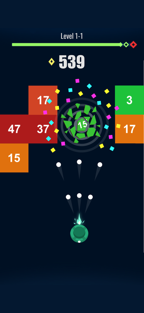 Gameplay de Fire Hero 2D montrant un vaisseau spatial tirant sur des blocs numérotés