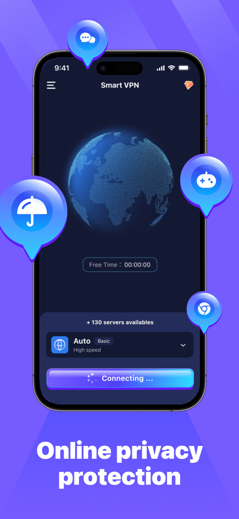 Smart VPN-Fast&Easy - Interfaz de la aplicación Smart VPN mostrando un globo digital y texto de protección de privacidad en línea sobre un fondo morado