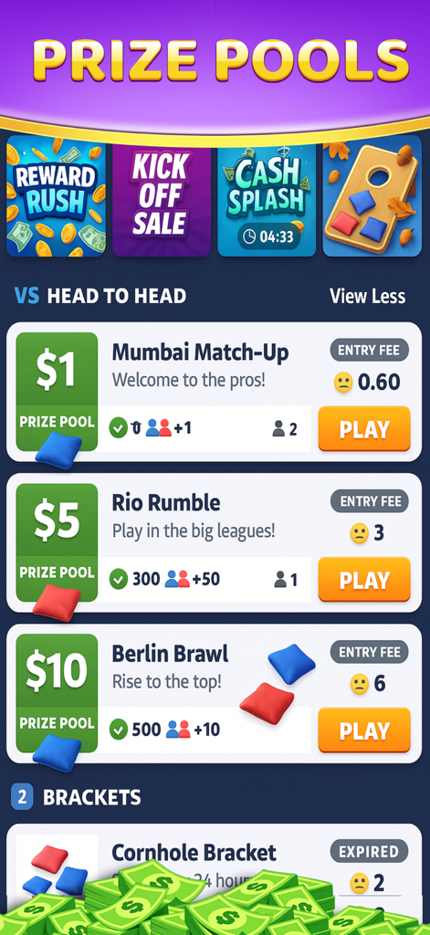 Cornhole Cash Skill Online game screen displaying various head to head tournament options with cash prize pools and entry fees.