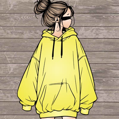 realistic girl with a oversized sweatshirt on and a bun