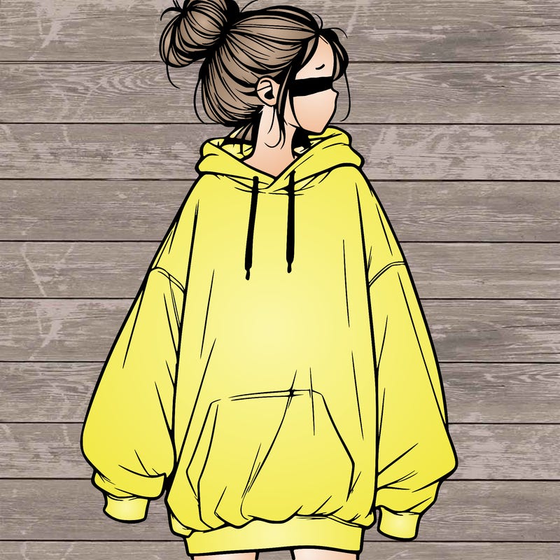 realistic girl with a oversized sweatshirt on and a bun