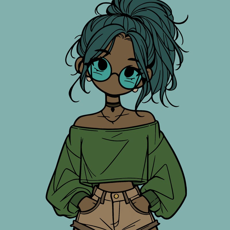 girl with a messy ponytail glasses a baggy crop top and jean shorts