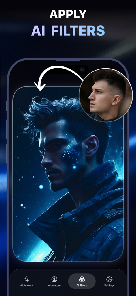 Artica - AI Art Generator - Artica app screen showing a portrait transformed by a cinematic AI filter.