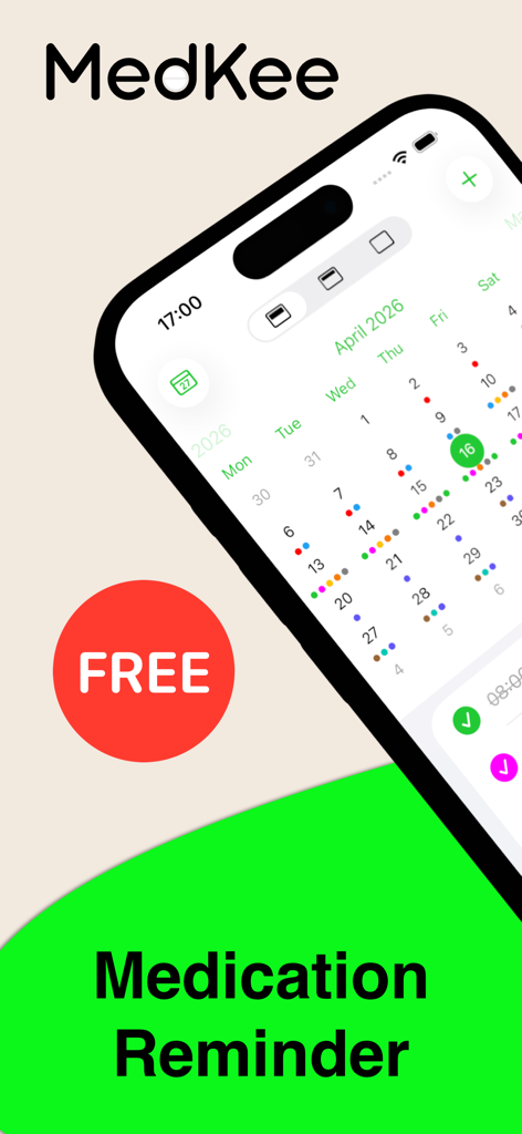 Pill – Medication Reminder - iPhone screen displaying the MedKee app medication calendar and reminder schedule.