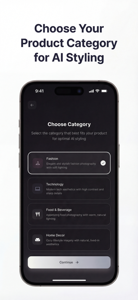 Adify AI - AI Ad Generator - Adify AI app interface showing product category selection for AI styling with options for Fashion Technology and Food.