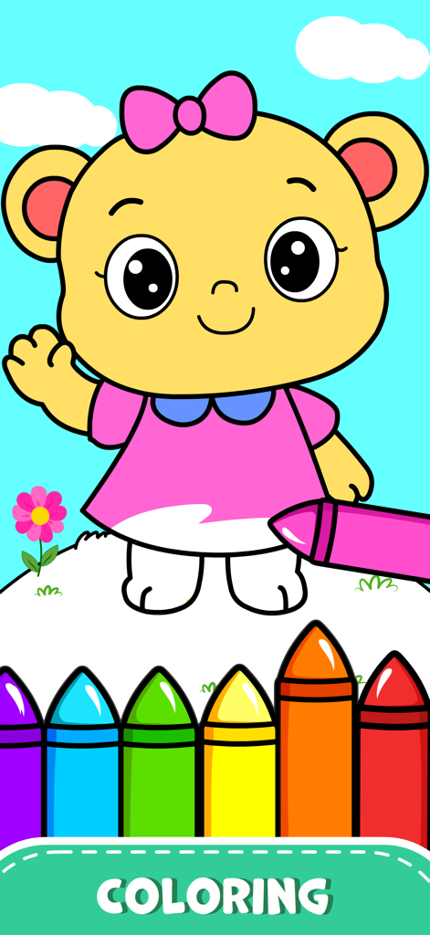 Toddler Games Baby Balloon Pop - 幼児向けの塗り絵ゲーム。かわいい漫画のクマとカラフルなクレヨンが登場します。