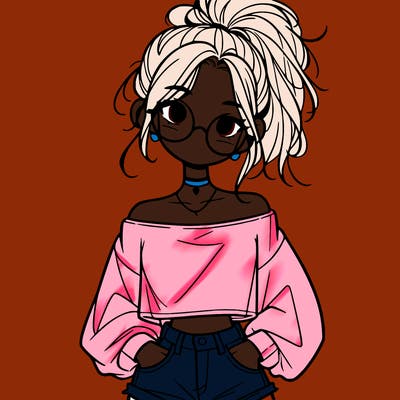 girl with a messy ponytail glasses a baggy crop top and jean shorts