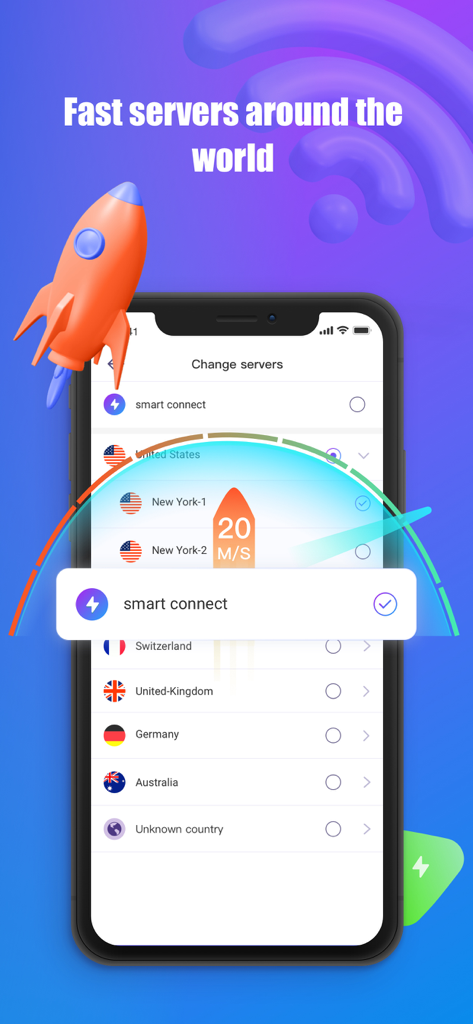 Interface de l'application VPN Super affichant une liste de serveurs mondiaux rapides et un indicateur de vitesse.