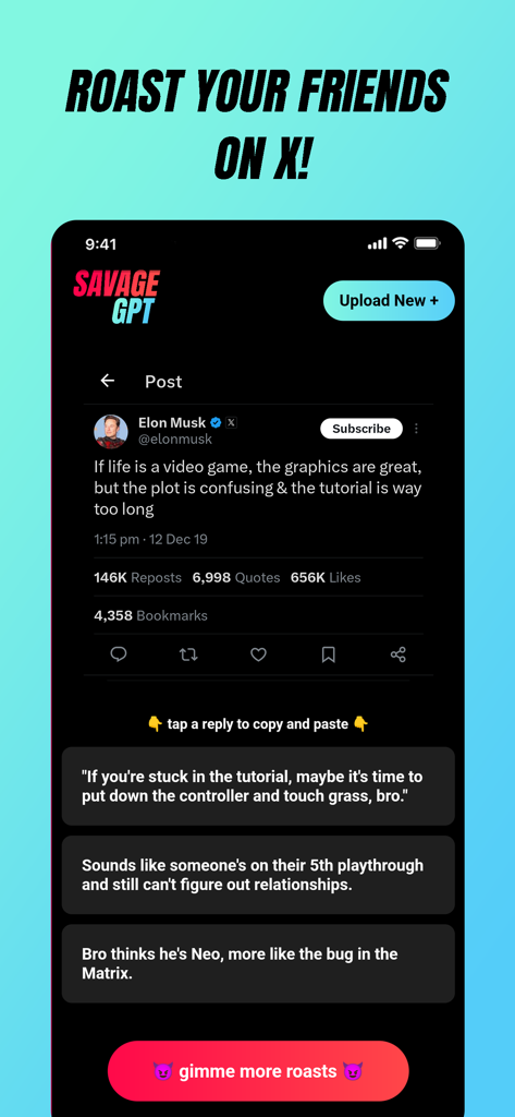 SavageGPT: AI roast assistant - SavageGPT mobile app interface showing AI generated roast replies to a post on X