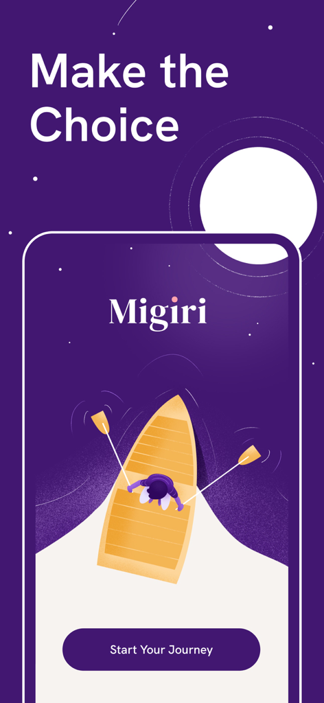 Migiri: Porn Blocker & More - Migiri app screen showing a person rowing a boat under a moonlit sky with the text Make the Choice and a Start Your Journey button