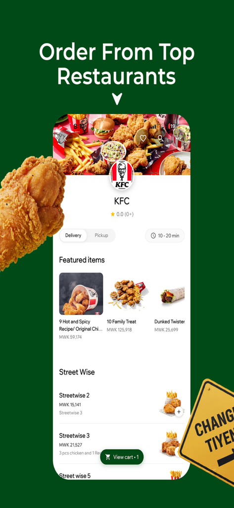 Changu app interface showing KFC menu items and food delivery options