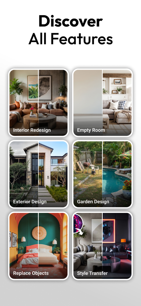 AI Interior Design - Interio - Uma exibição de recursos de design de interiores e exteriores com tecnologia de IA, incluindo reformas de cômodos, design de jardins e transferência de estilo.
