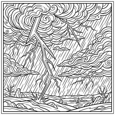 Witness the raw power of nature with this intricate cloud-to-ground thunder coloring page. Immerse yourself in a dramatic scene filled with swirling storm clouds, heavy rain, and a magnificent lightning strike.