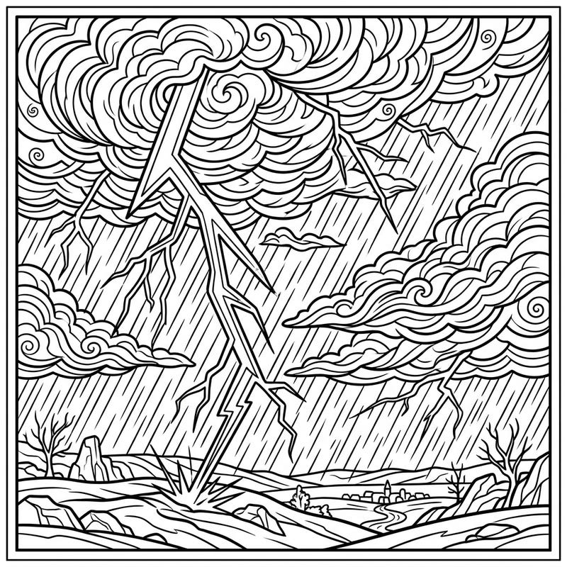 Witness the raw power of nature with this intricate cloud-to-ground thunder coloring page. Immerse yourself in a dramatic scene filled with swirling storm clouds, heavy rain, and a magnificent lightning strike.