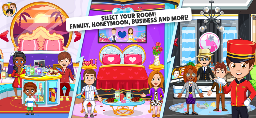 A collage of hotel rooms in My City Hotel including a family suite honeymoon room and reception desk with various characters