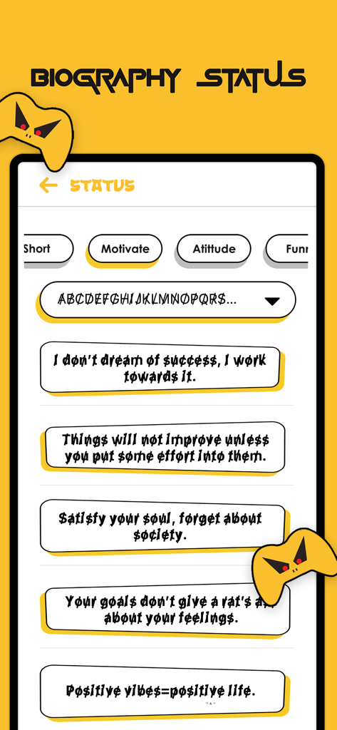 Nickname Maker For Games - Una pantalla que muestra varias plantillas de estado de biografía motivacionales en fuentes elegantes para perfiles de juegos y redes sociales.