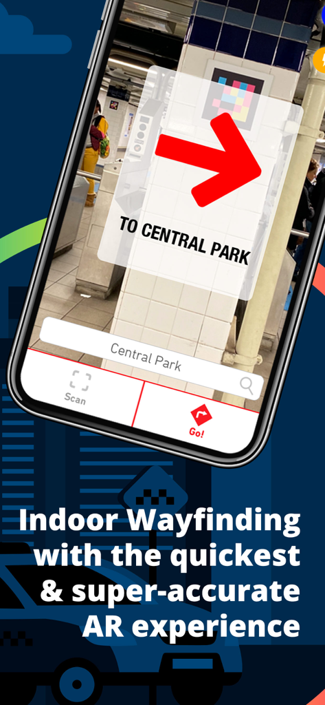 Interfaz de la aplicación NaviLens GO que muestra navegación con realidad aumentada y una flecha direccional hacia Central Park en una estación de metro.