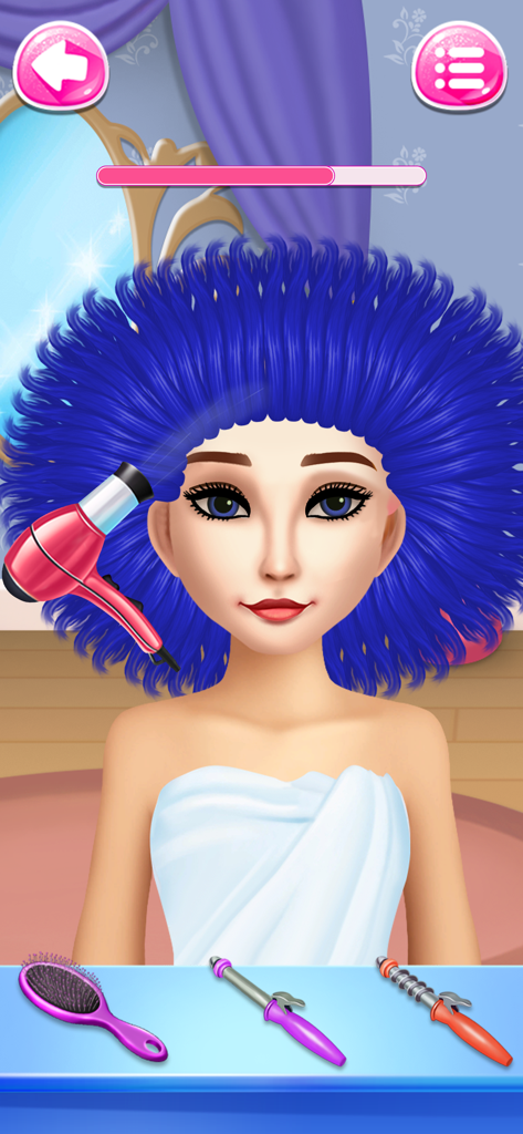 Hair Salon Games: Hair Spa - Estilizando cabelo azul com um secador de cabelo rosa em um jogo de salão
