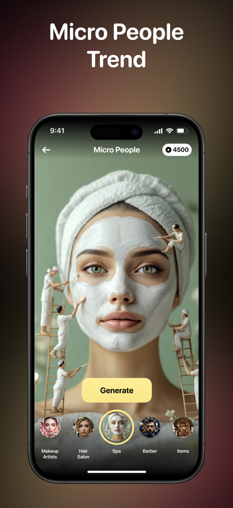 CloneAI app interface showing the Micro People Trend with tiny people on a woman's face mask