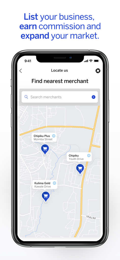 Unayo - Unayo mobile app screen showing a map with pins for nearby merchants to find cash-in and cash-out points.