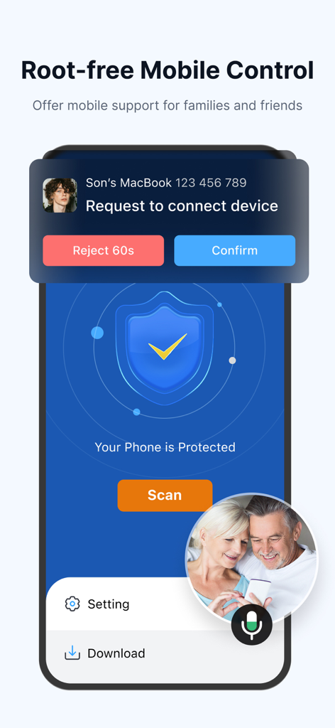 DeskIn Remote Desktop - Interface de l'application DeskIn montrant une demande de contrôle mobile à distance pour fournir une assistance technique aux membres de la famille