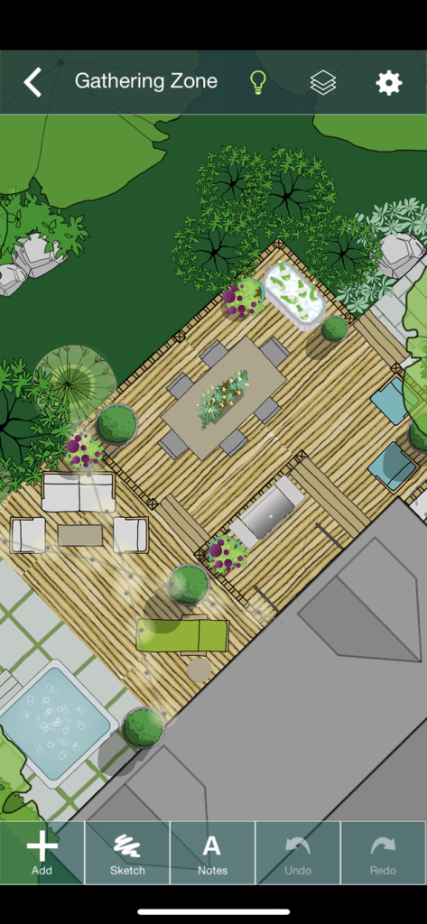 Yard Planner - Top-down 2D landscape design of a backyard gathering area featuring a deck, dining table, and hot tub in the Yard Planner app.