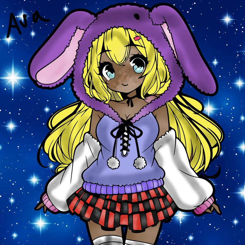 pretty anime girl wearing a fluffy hoodie with bunny ears on the hood and a skirt